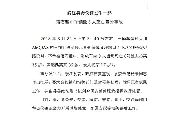 一辆成都牌宝马车云南被落石砸中，一家三口全遇难(2)